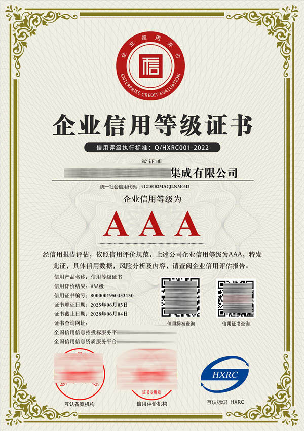 AAA級企業信用等級證書